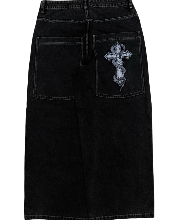 Black Wide Leg GLOE Snake Cross Jeans